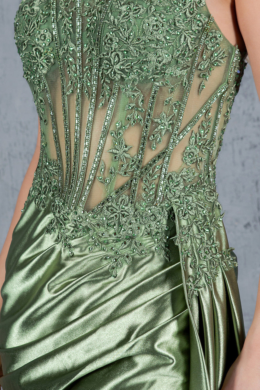 Prom Dresses Floral Lace Long Slit Formal Sequin Prom Dress Sage