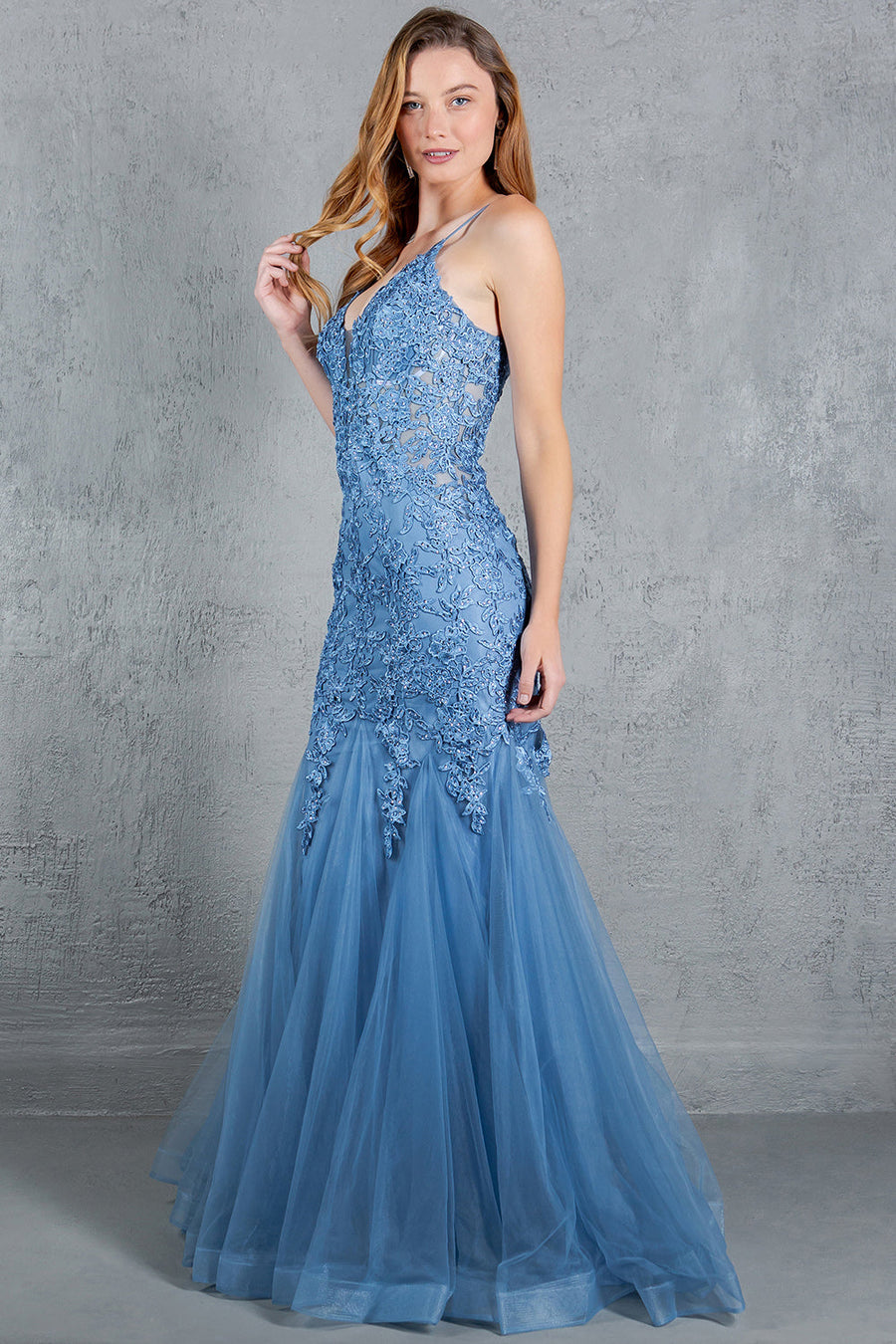Prom Dresses Fitted Lace Long Formal Mermaid Prom Dress Dusty Blue