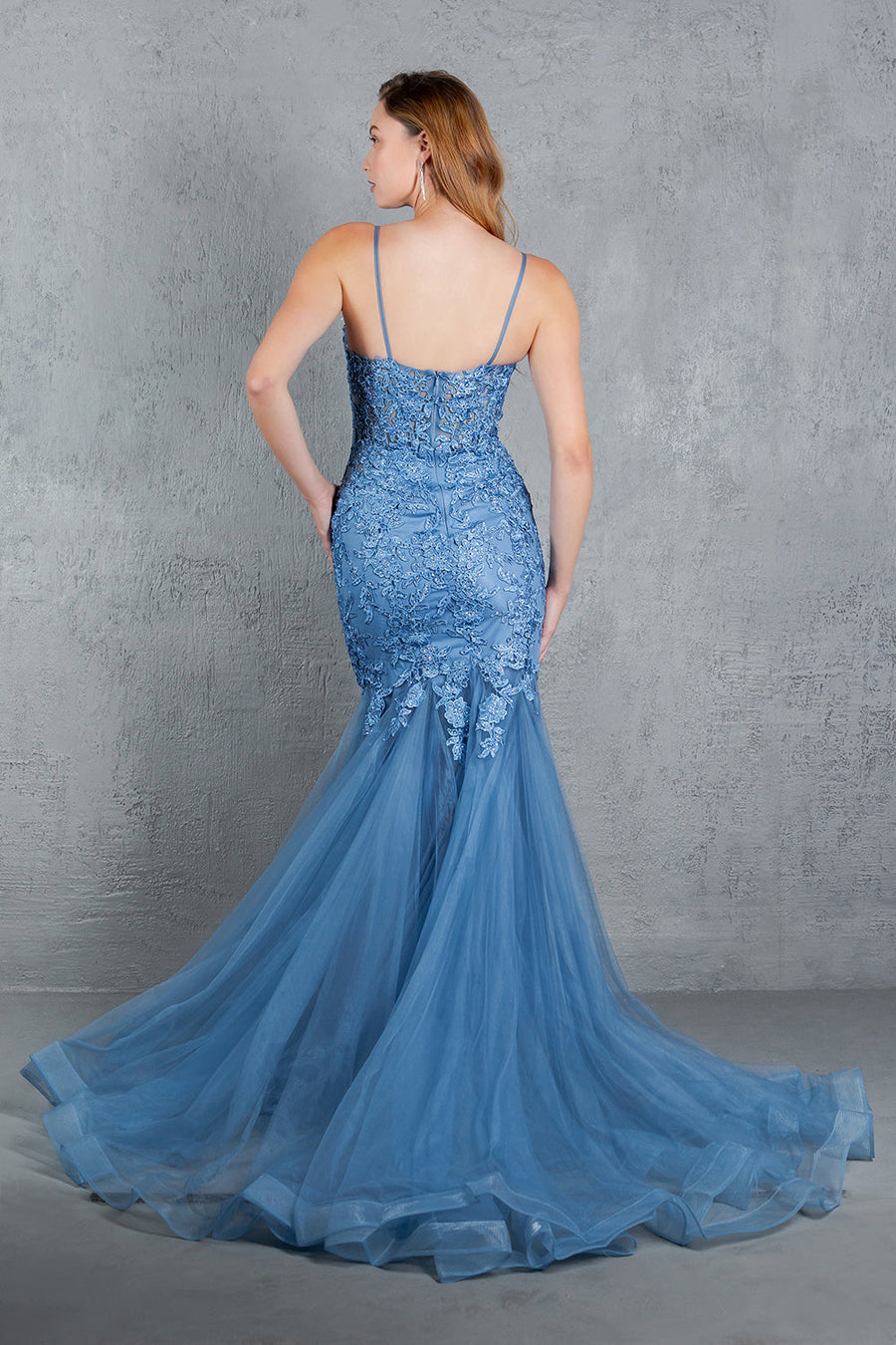 Prom Dresses Fitted Lace Long Formal Mermaid Prom Dress Dusty Blue