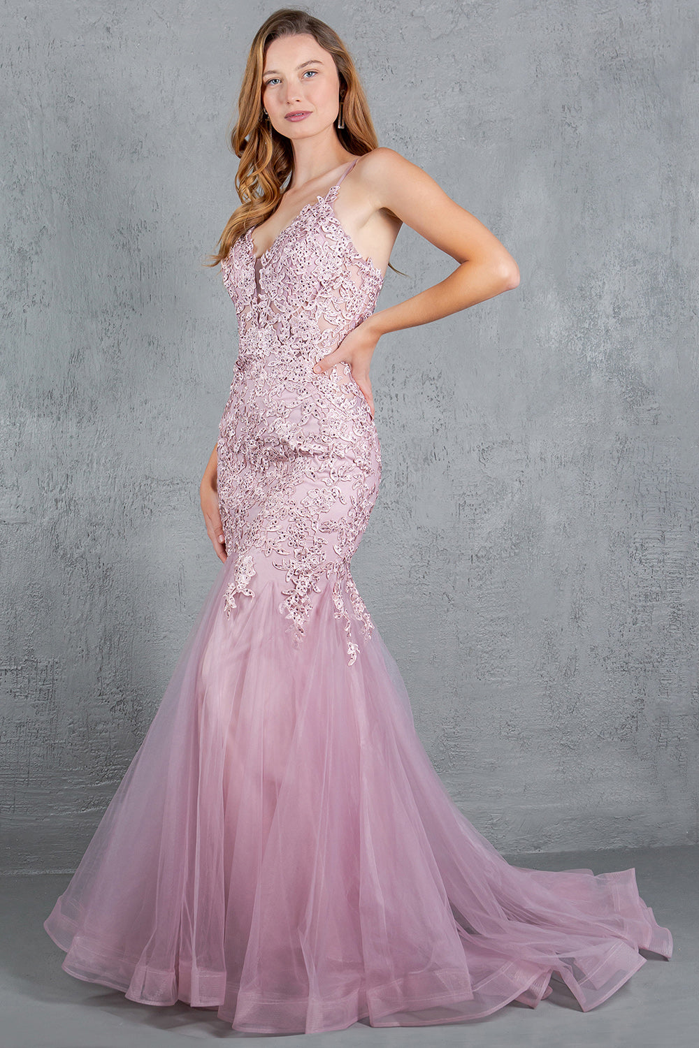 Prom Dresses Fitted Lace Long Formal Mermaid Prom Dress Rose