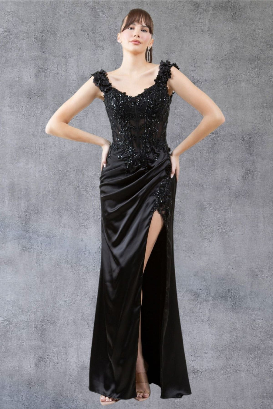 Prom Dresses Long Lace Prom Beaded Slit 3D Formal Dress Black