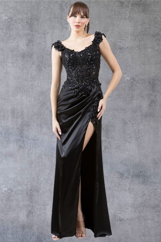 Prom Dresses Long Lace Prom Beaded Slit 3D Formal Dress Black