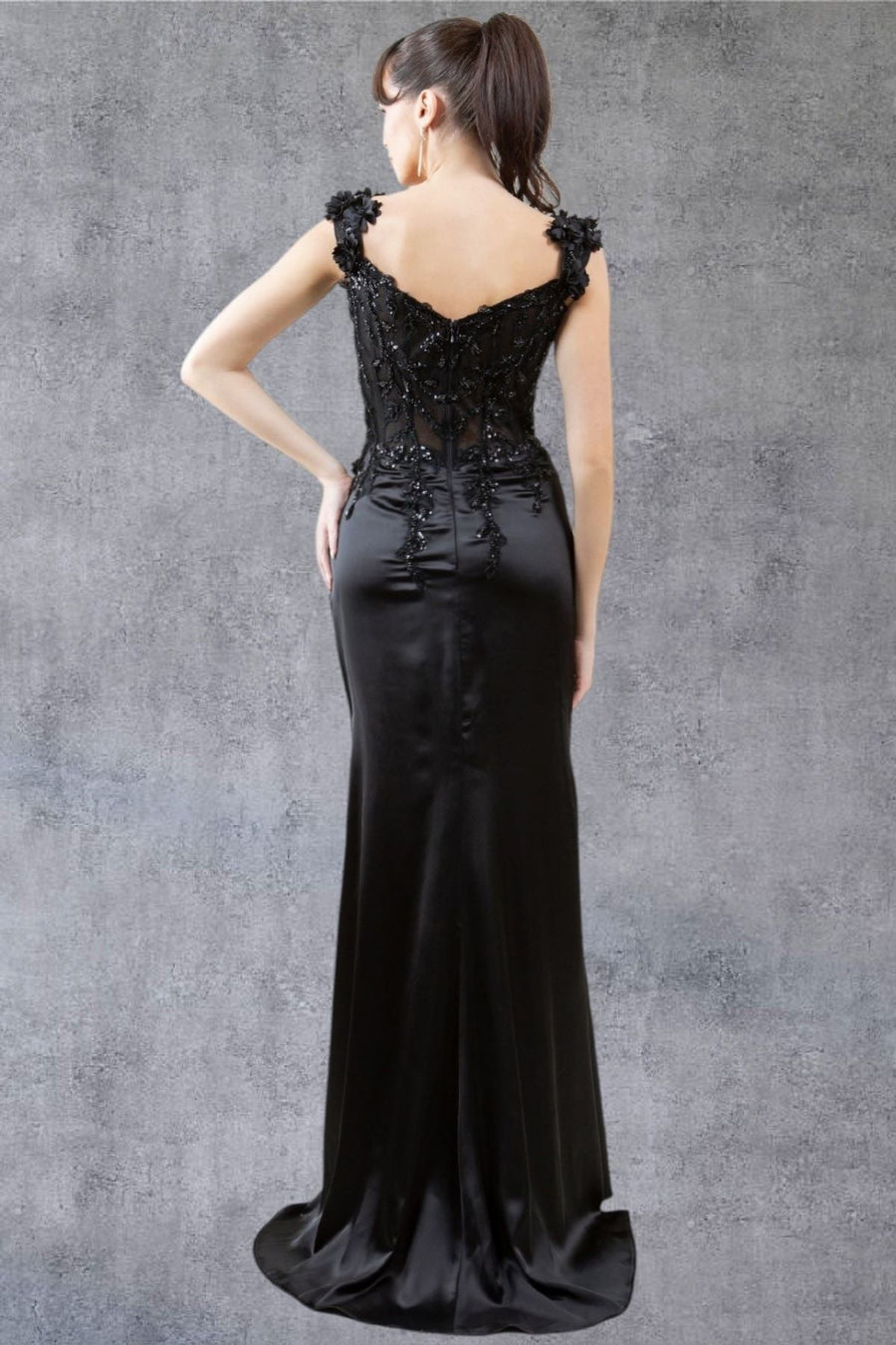 Prom Dresses Long Lace Prom Beaded Slit 3D Formal Dress Black