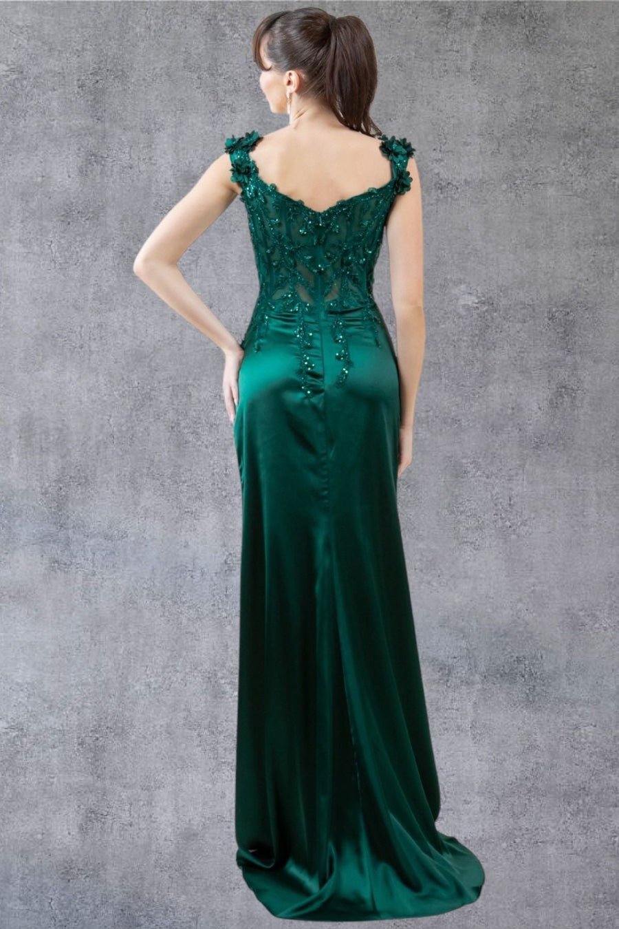 Prom Dresses Long Lace Prom Beaded Slit 3D Formal Dress Hunter Green