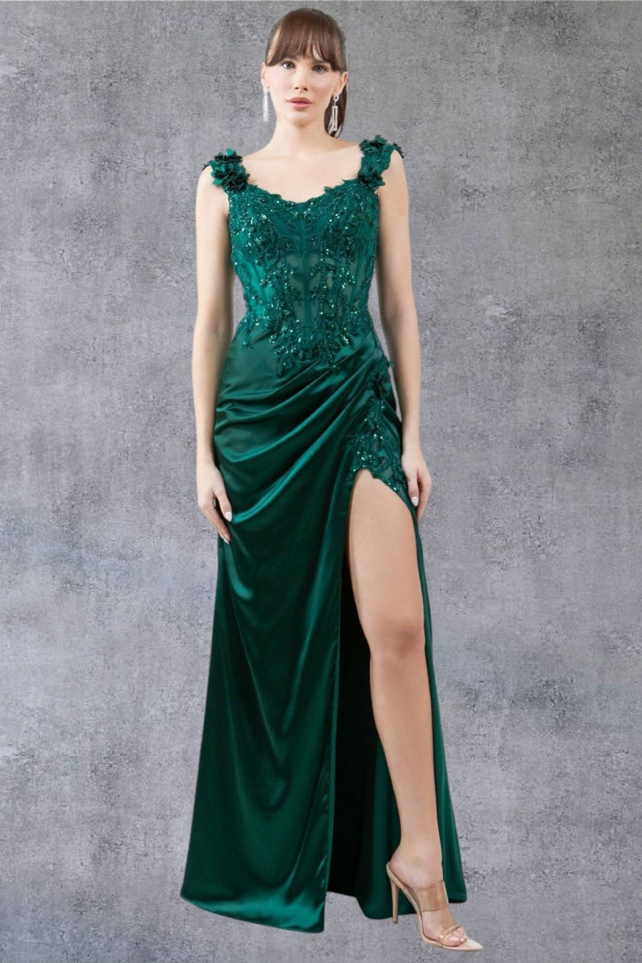 Prom Dresses Long Lace Prom Beaded Slit 3D Formal Dress Hunter Green