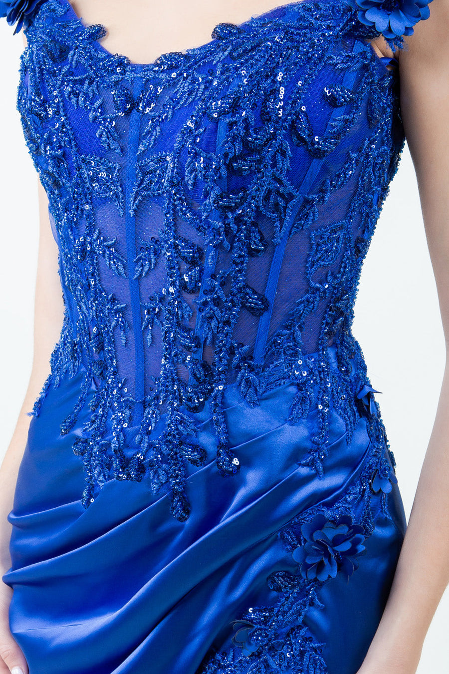 Prom DressesLong Lace Prom Beaded Slit 3D Formal Dress Royal