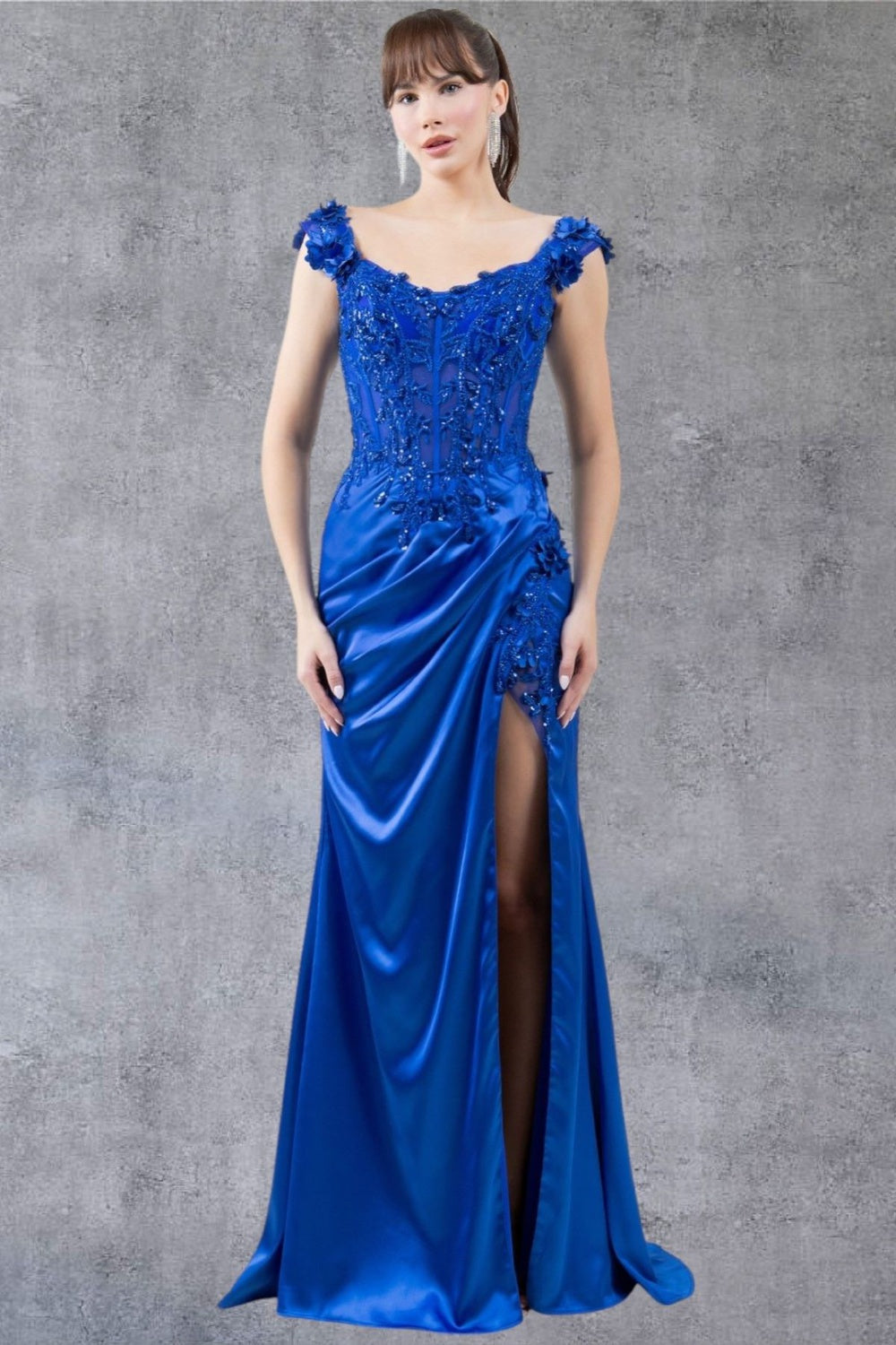 Prom DressesLong Lace Prom Beaded Slit 3D Formal Dress Royal