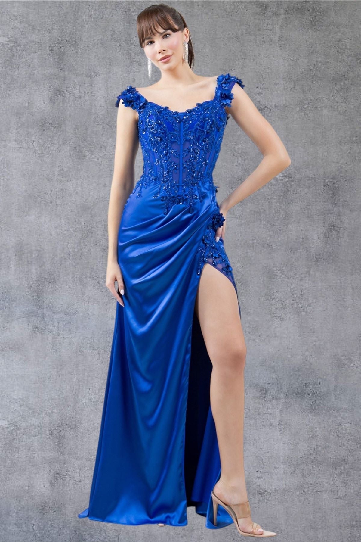 Prom DressesLong Lace Prom Beaded Slit 3D Formal Dress Royal