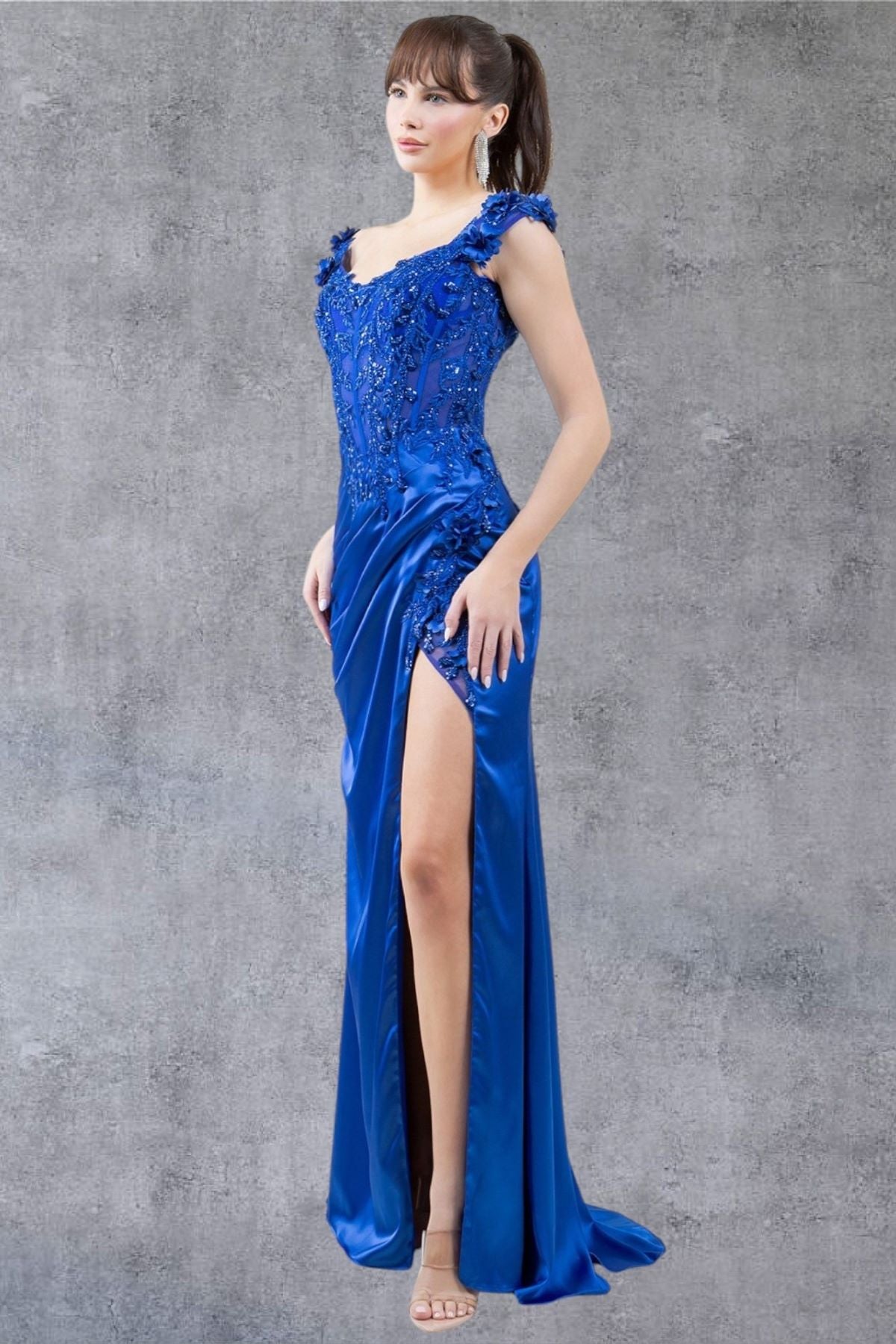 Prom DressesLong Lace Prom Beaded Slit 3D Formal Dress Royal