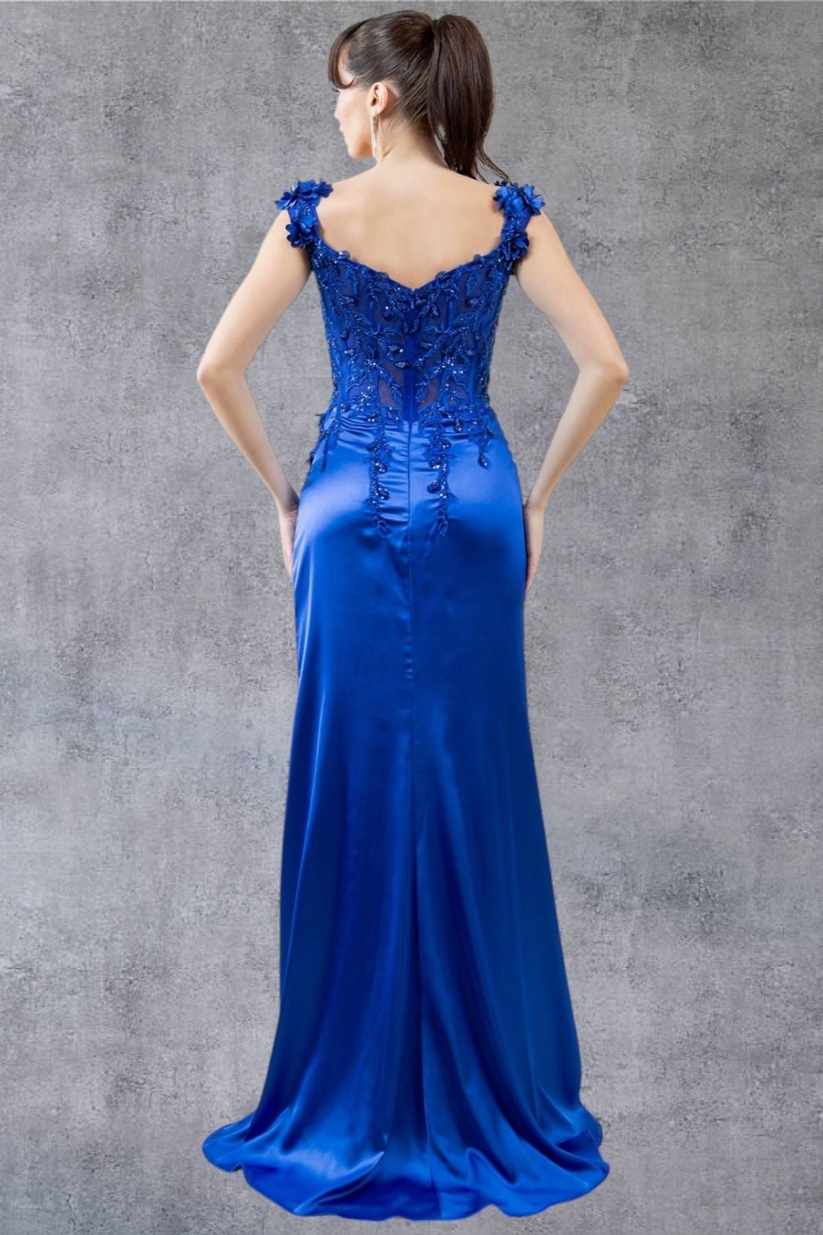 Prom DressesLong Lace Prom Beaded Slit 3D Formal Dress Royal