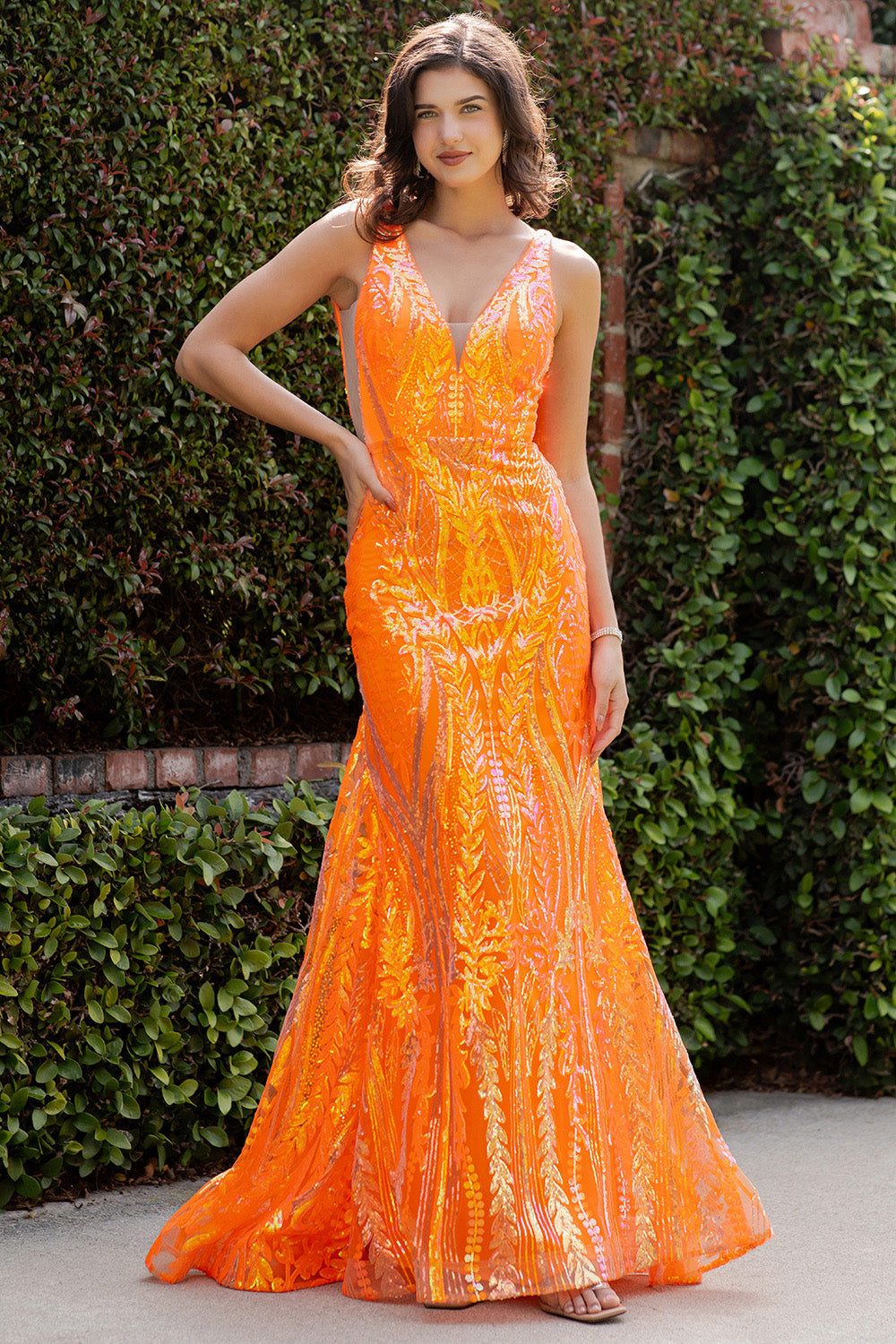 Prom Dresses Sequin Long Formal Prom Printed Mermaid Dress Orange