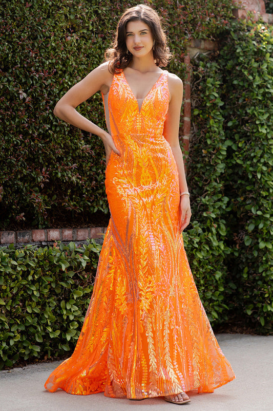 Prom Dresses Sequin Long Formal Prom Printed Mermaid Dress Orange