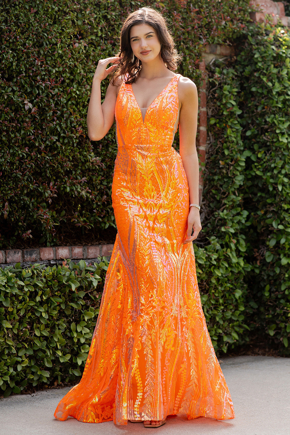 Prom Dresses Sequin Long Formal Prom Printed Mermaid Dress Orange
