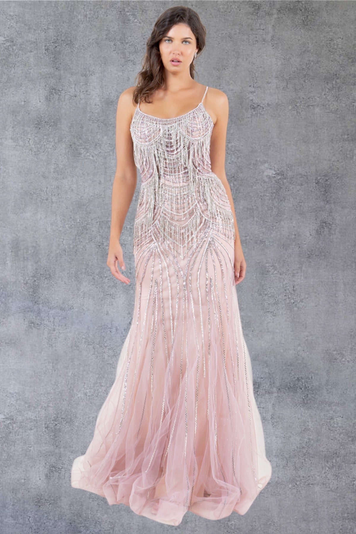 Prom Dresses Beaded Long Lace Formal Prom Dress Rose/Silver
