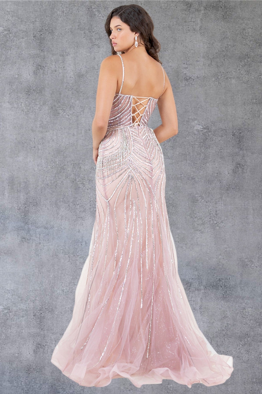 Prom Dresses Beaded Long Lace Formal Prom Dress Rose/Silver