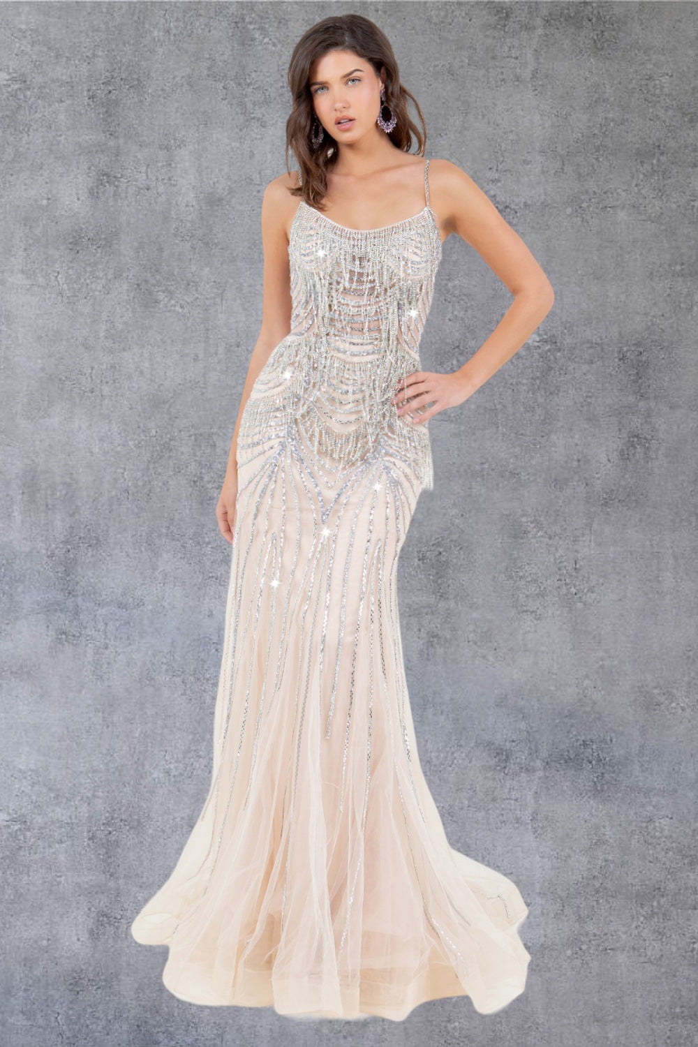 Prom Dresses Beaded Long Lace Formal Prom Dress Nude/Silver