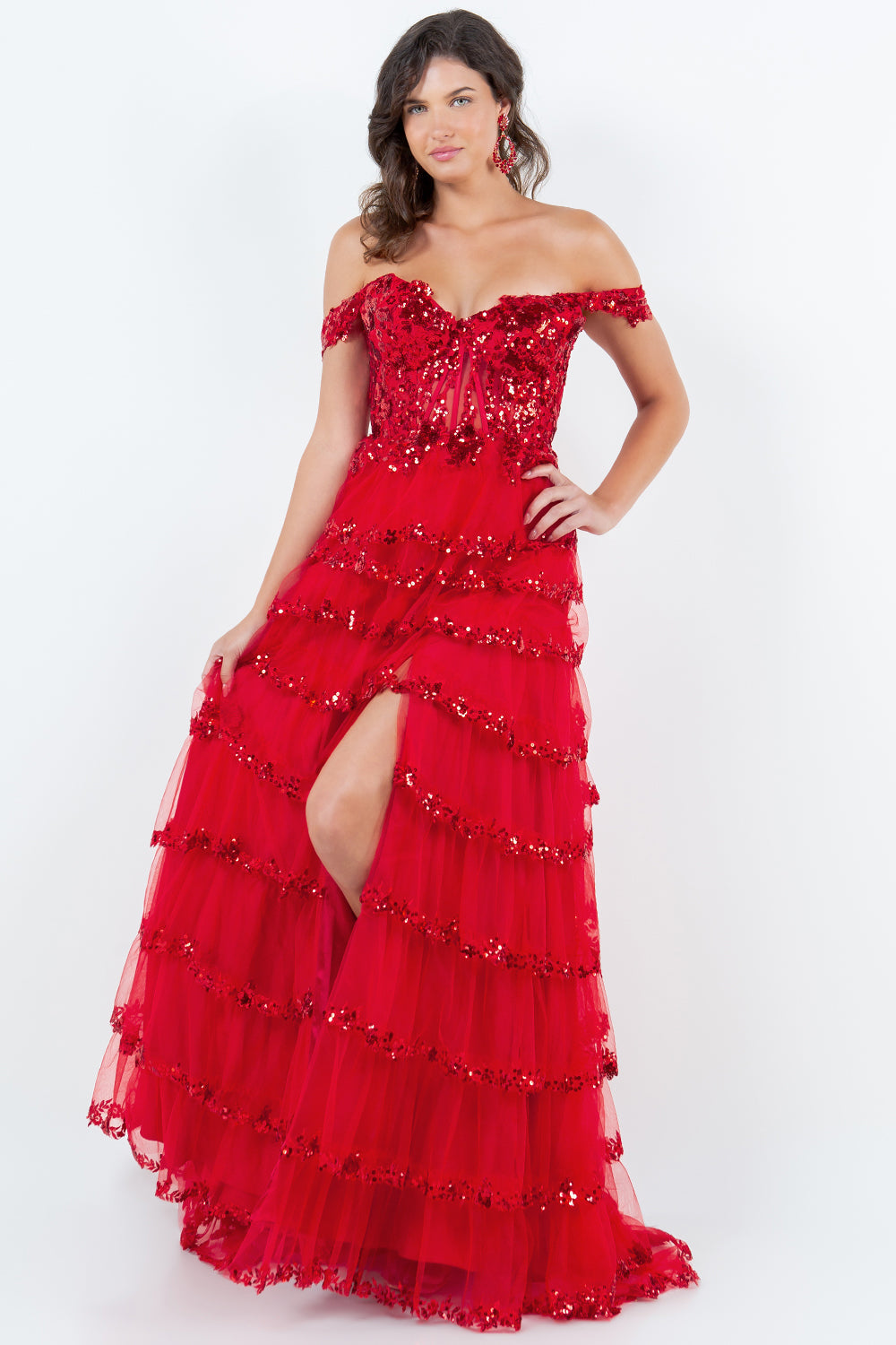 Prom Dresses Long Formal A Line Prom Layered Ruffle Dress Red