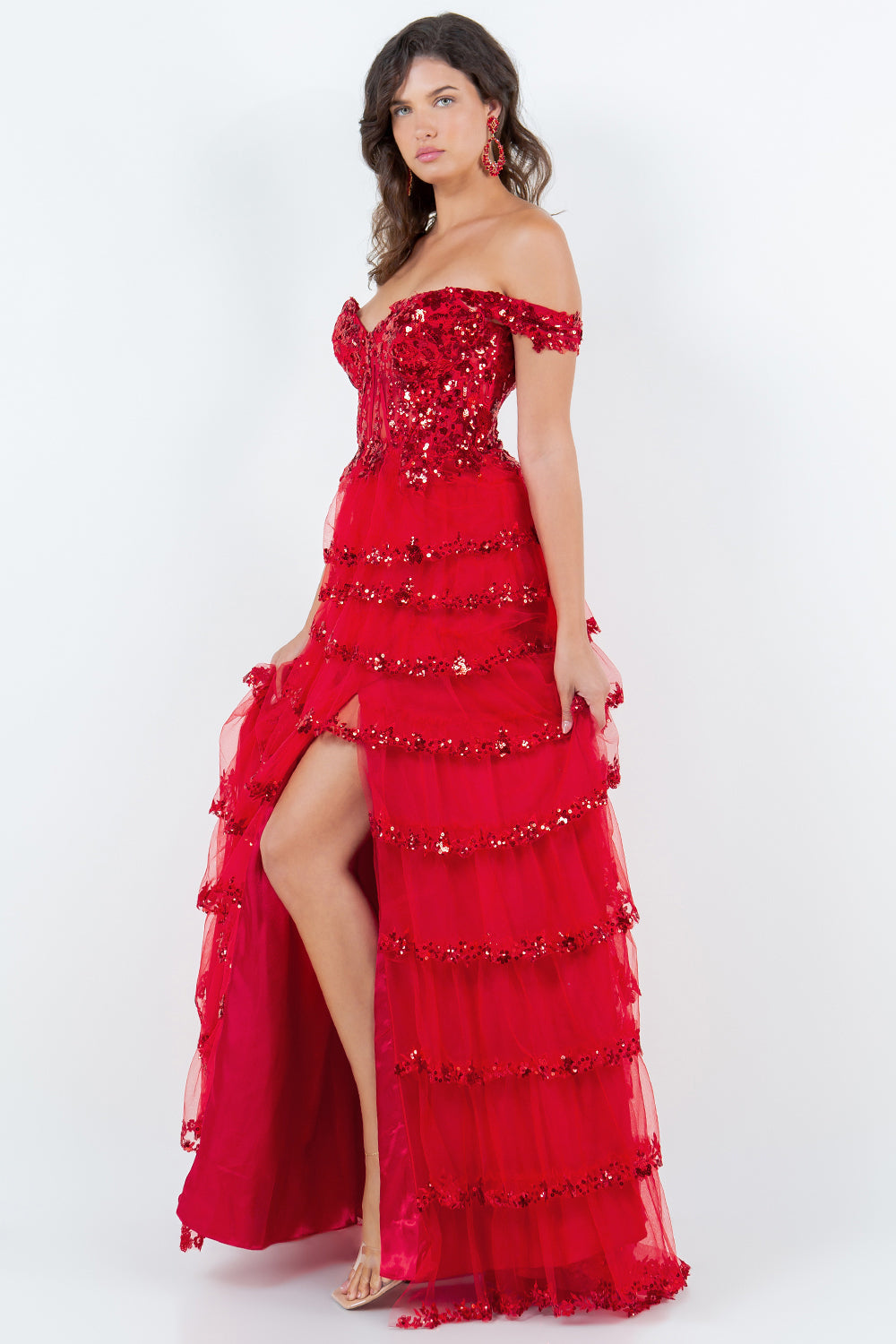 Prom Dresses Long Formal A Line Prom Layered Ruffle Dress Red
