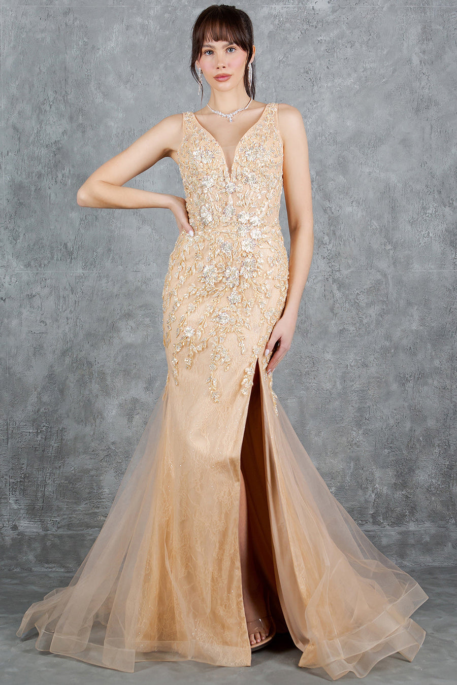 Prom Dresses Formal Long Beaded Lace Mermaid Prom Dress Champagne