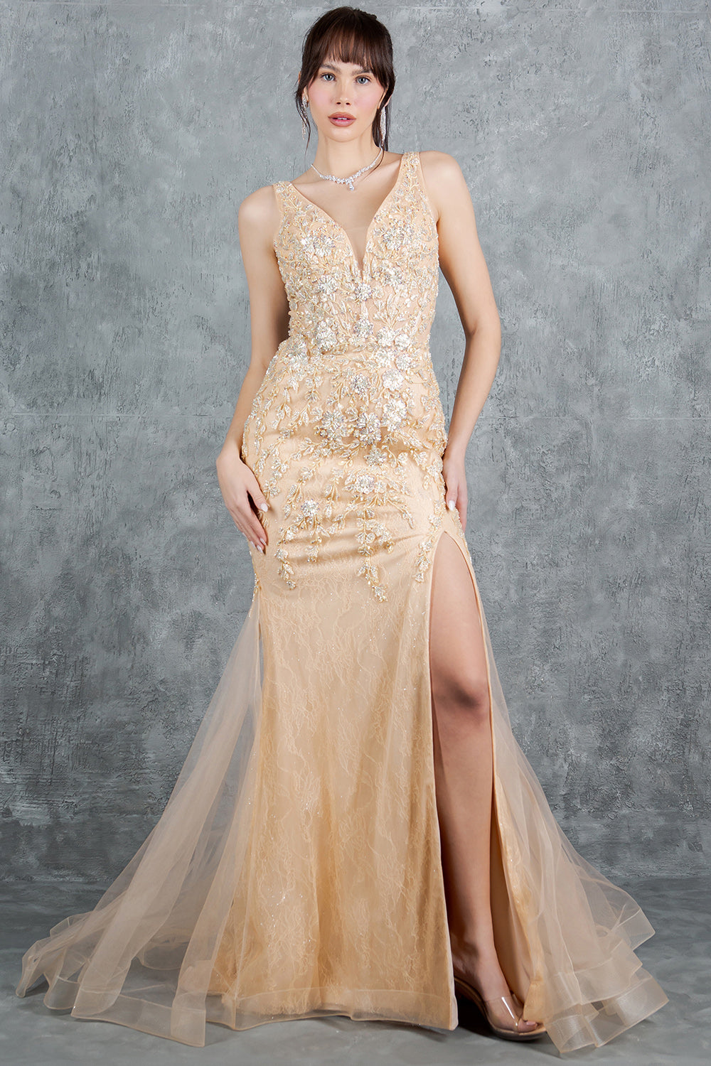 Prom Dresses Formal Long Beaded Lace Mermaid Prom Dress Champagne