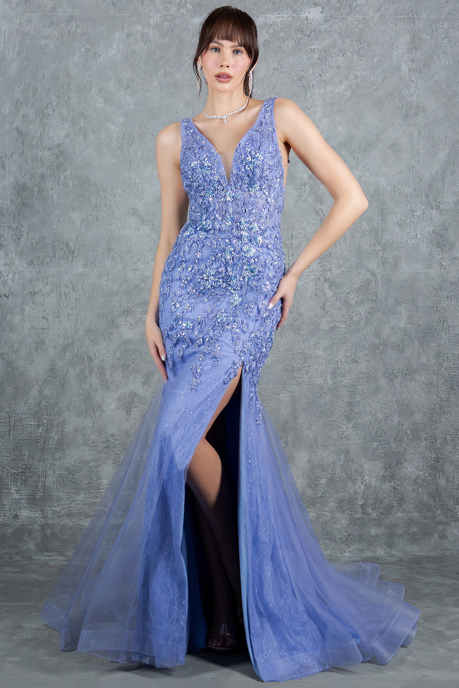 Prom Dresses Formal Long Beaded Lace Mermaid Prom Dress Dusty Blue