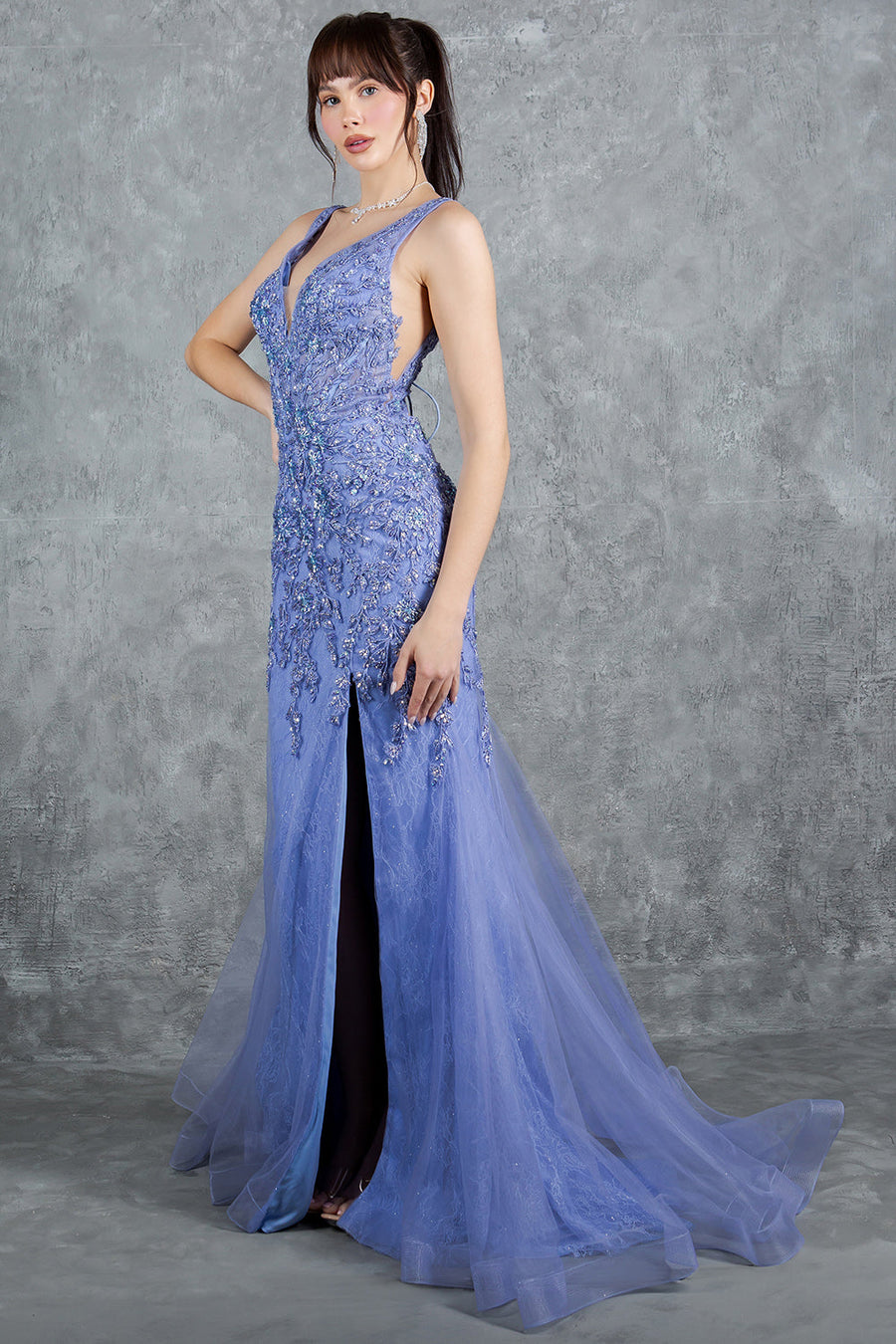 Prom Dresses Formal Long Beaded Lace Mermaid Prom Dress Dusty Blue