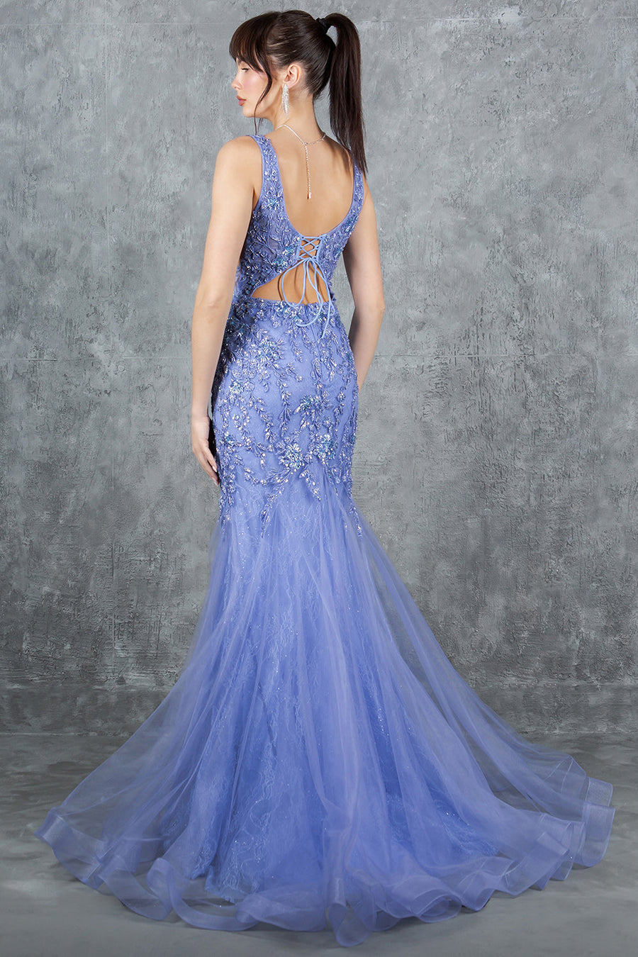 Prom Dresses Formal Long Beaded Lace Mermaid Prom Dress Dusty Blue