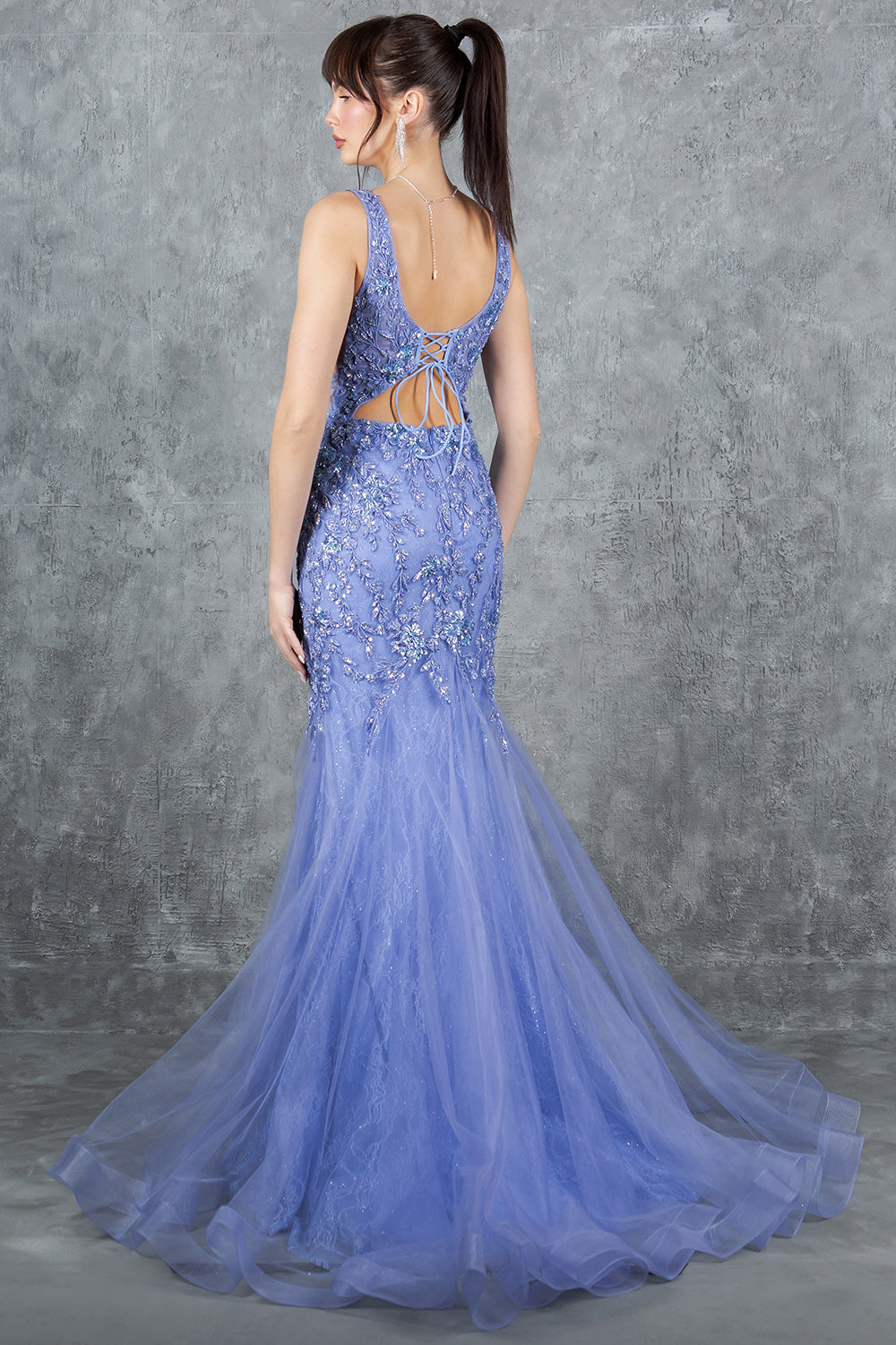 Prom Dresses Formal Long Beaded Lace Mermaid Prom Dress Dusty Blue