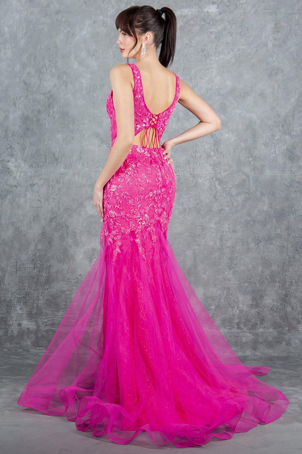 Prom Dresses Formal Long Beaded Lace Mermaid Prom Dress Fuchsia