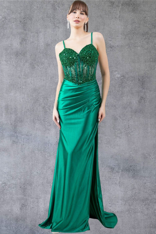 Prom Dresses Beaded Slit Long Formal Prom Sequin Dress Emerald