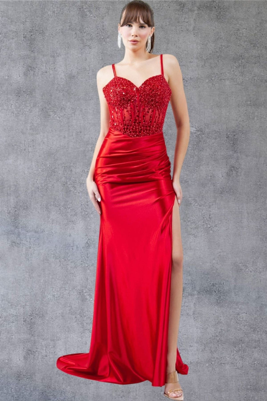 Prom Dresses Beaded Slit Long Formal Prom Sequin Dress Red