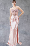 Prom Dresses Beaded Slit Long Formal Prom Sequin Dress Rose