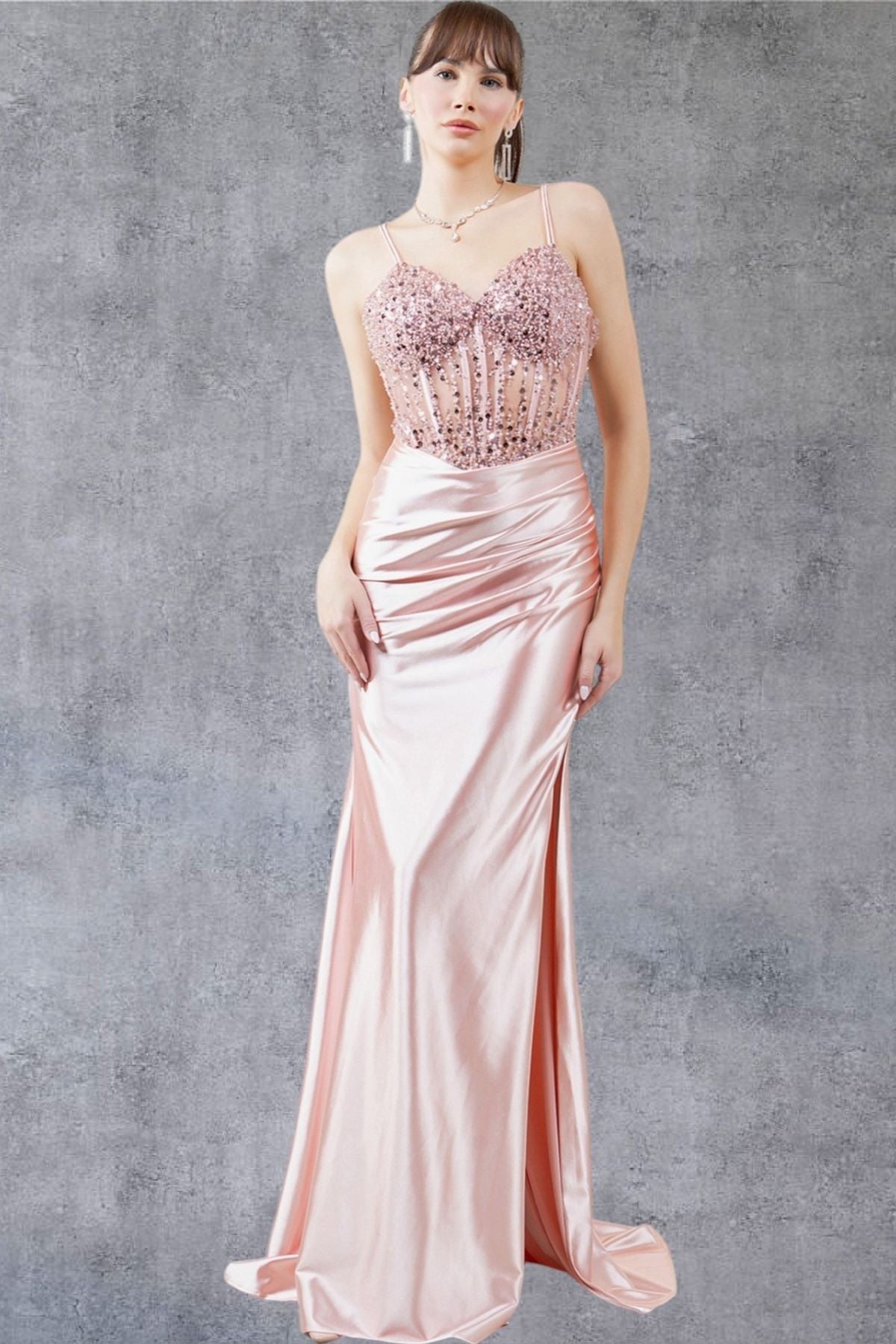 Prom Dresses Beaded Slit Long Formal Prom Sequin Dress Rose