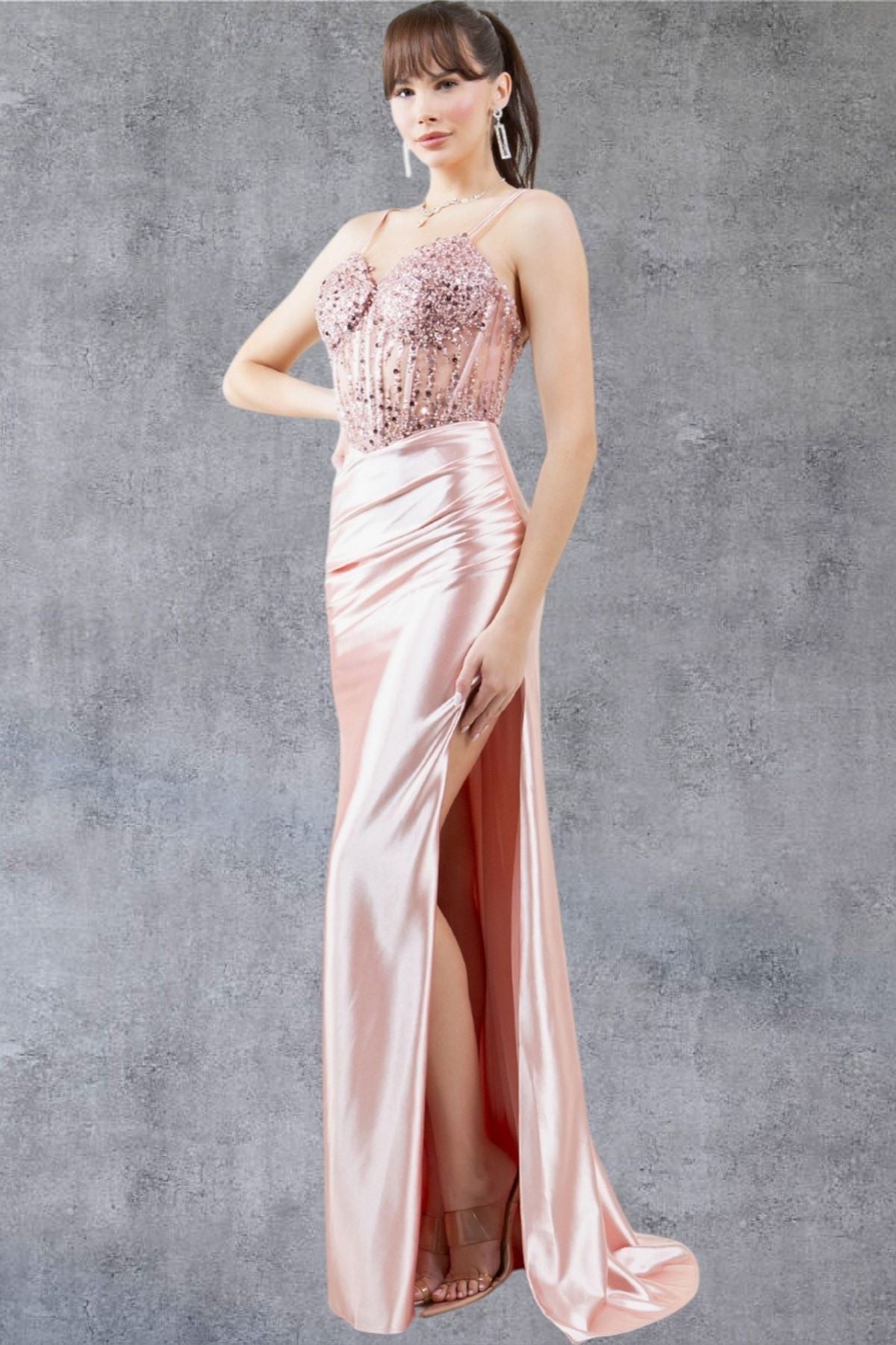 Prom Dresses Beaded Slit Long Formal Prom Sequin Dress Rose