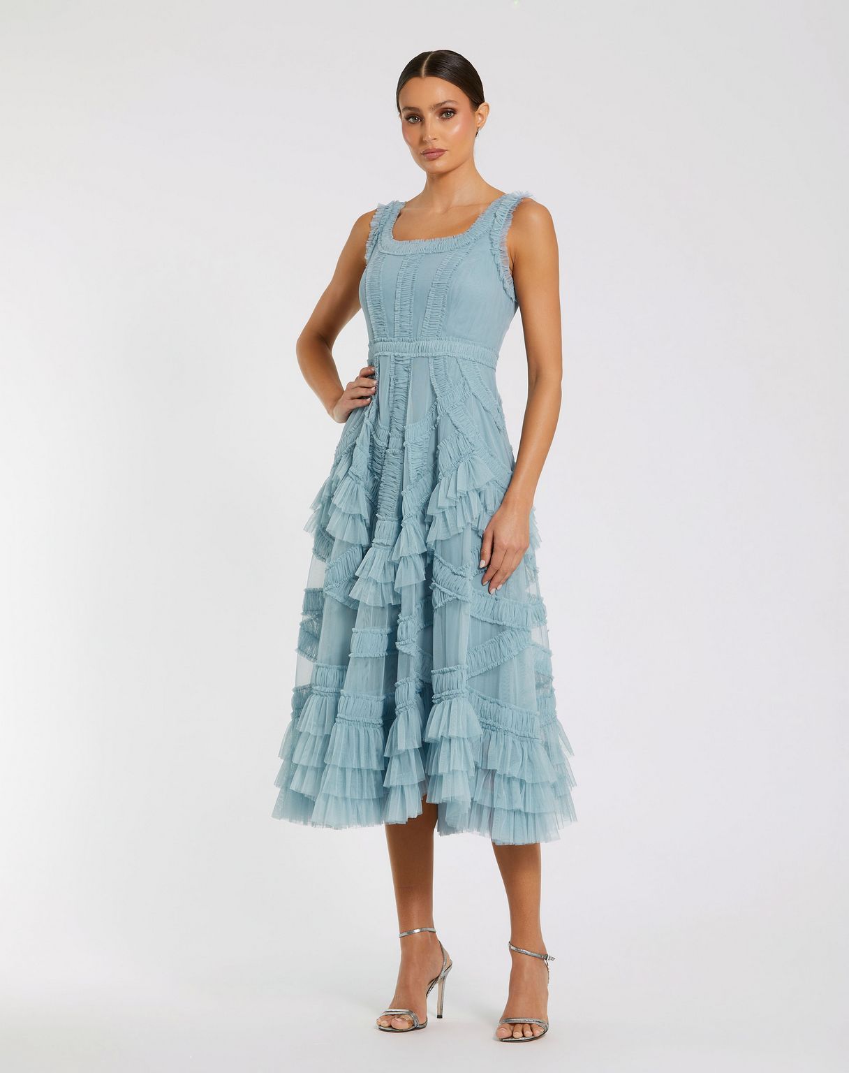 Cocktail Dresses A Line Tea Length Ruffle Midi Cocktail Dress French Blue