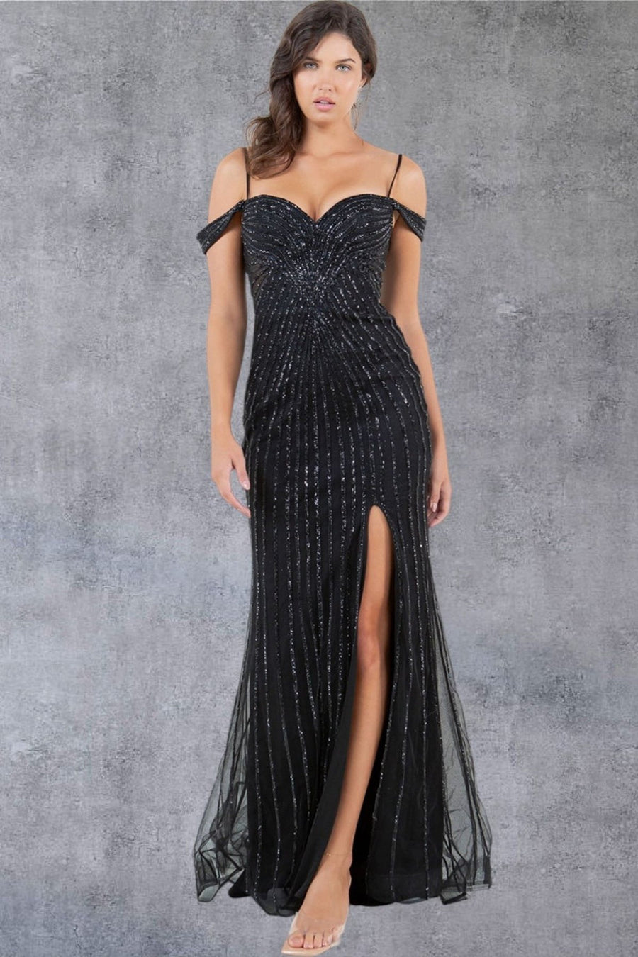 Prom Dresses Beaded Long Slit Pattern Formal Evening Prom Dress Black
