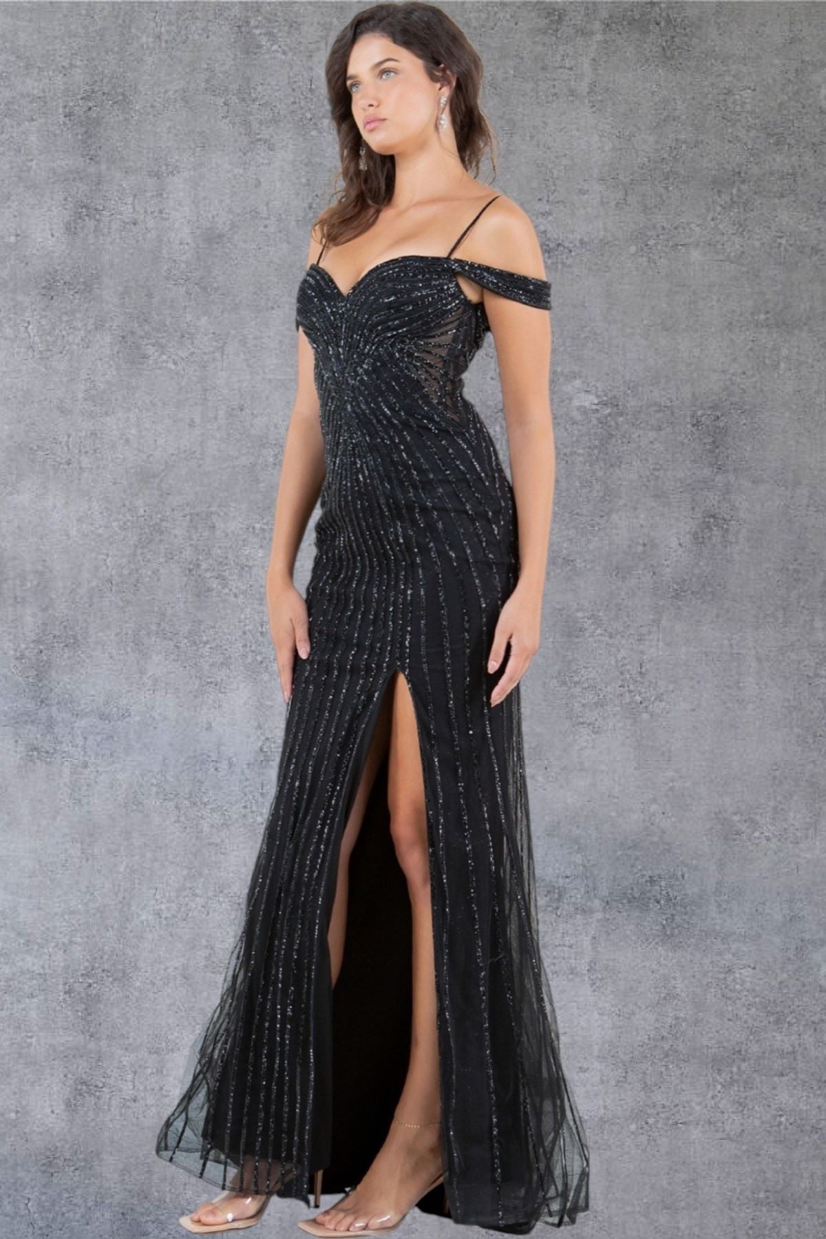 Prom Dresses Beaded Long Slit Pattern Formal Evening Prom Dress Black
