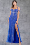 Prom Dresses Beaded Long Slit Pattern Formal Evening Prom Dress Royal