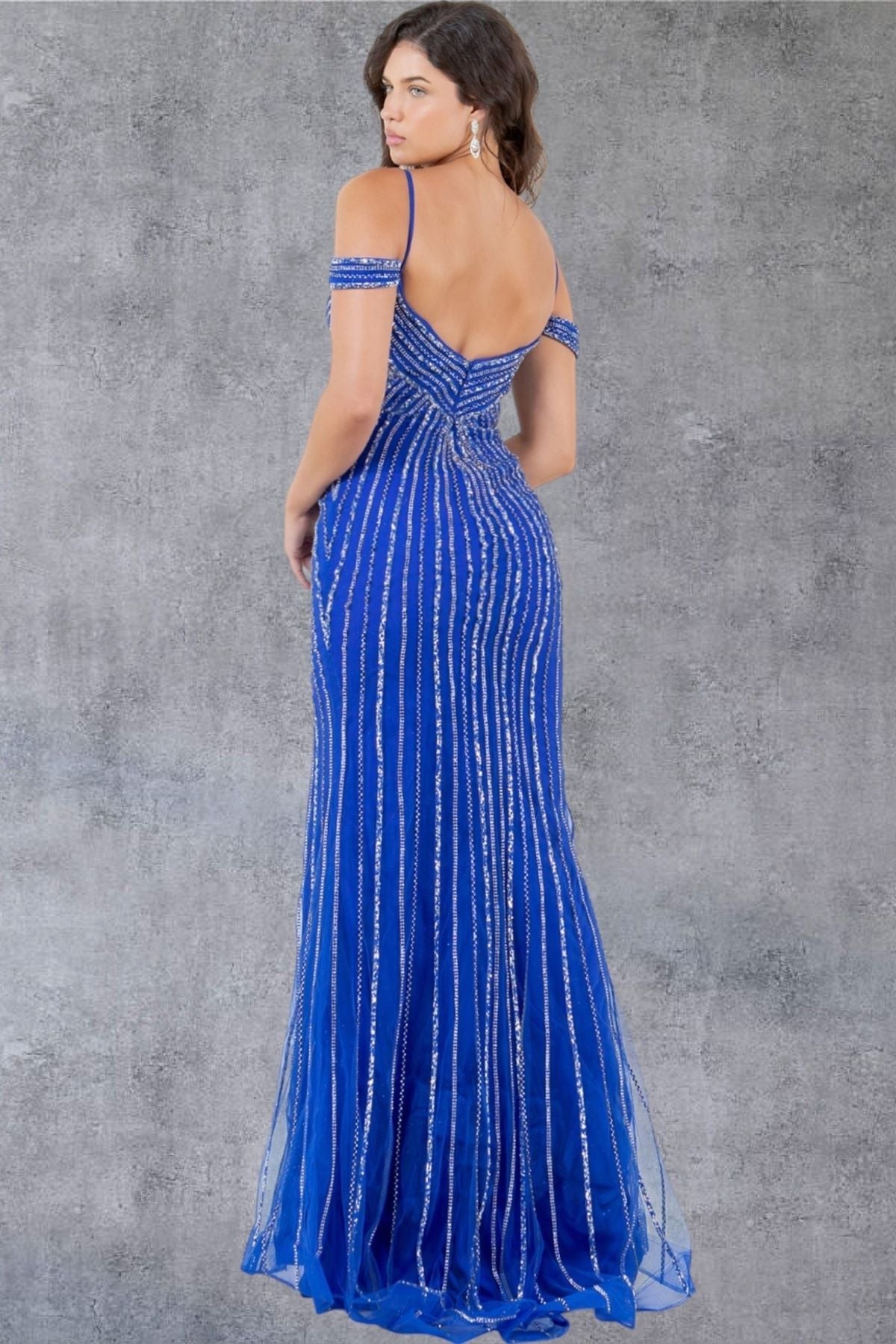 Prom Dresses Beaded Long Slit Pattern Formal Evening Prom Dress Royal