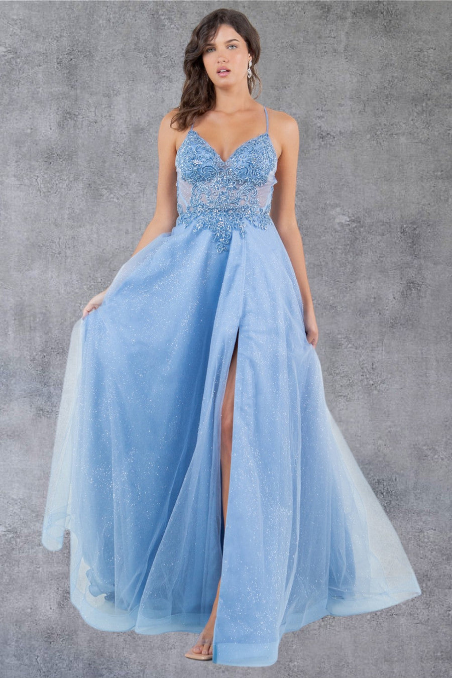 Prom Dresses Long Beaded Formal A Line Lace Prom Dress Dusty Blue