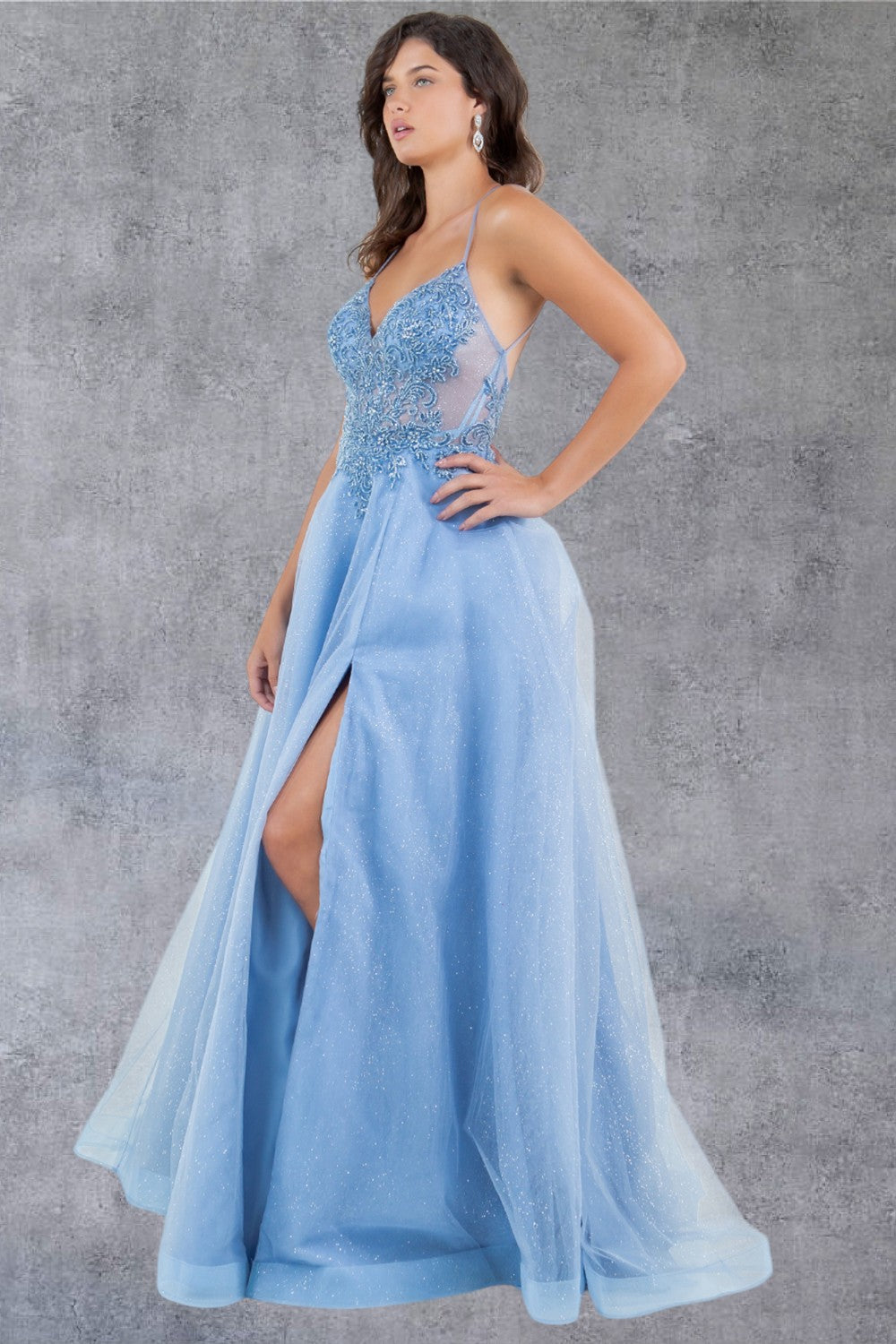 Prom Dresses Long Beaded Formal A Line Lace Prom Dress Dusty Blue