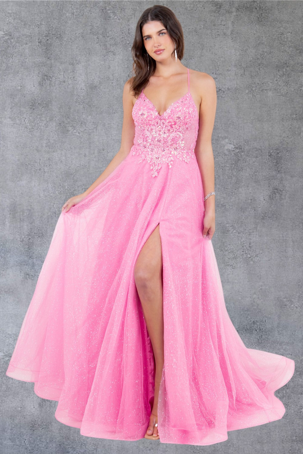 Prom Dresses Long Beaded Formal A Line Lace Prom Dress Hot Pink