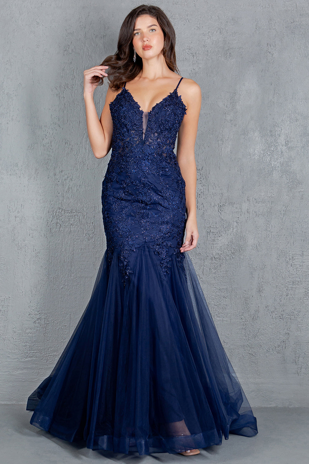 Prom Dresses Fitted Lace Long Formal Mermaid Prom Dress Navy