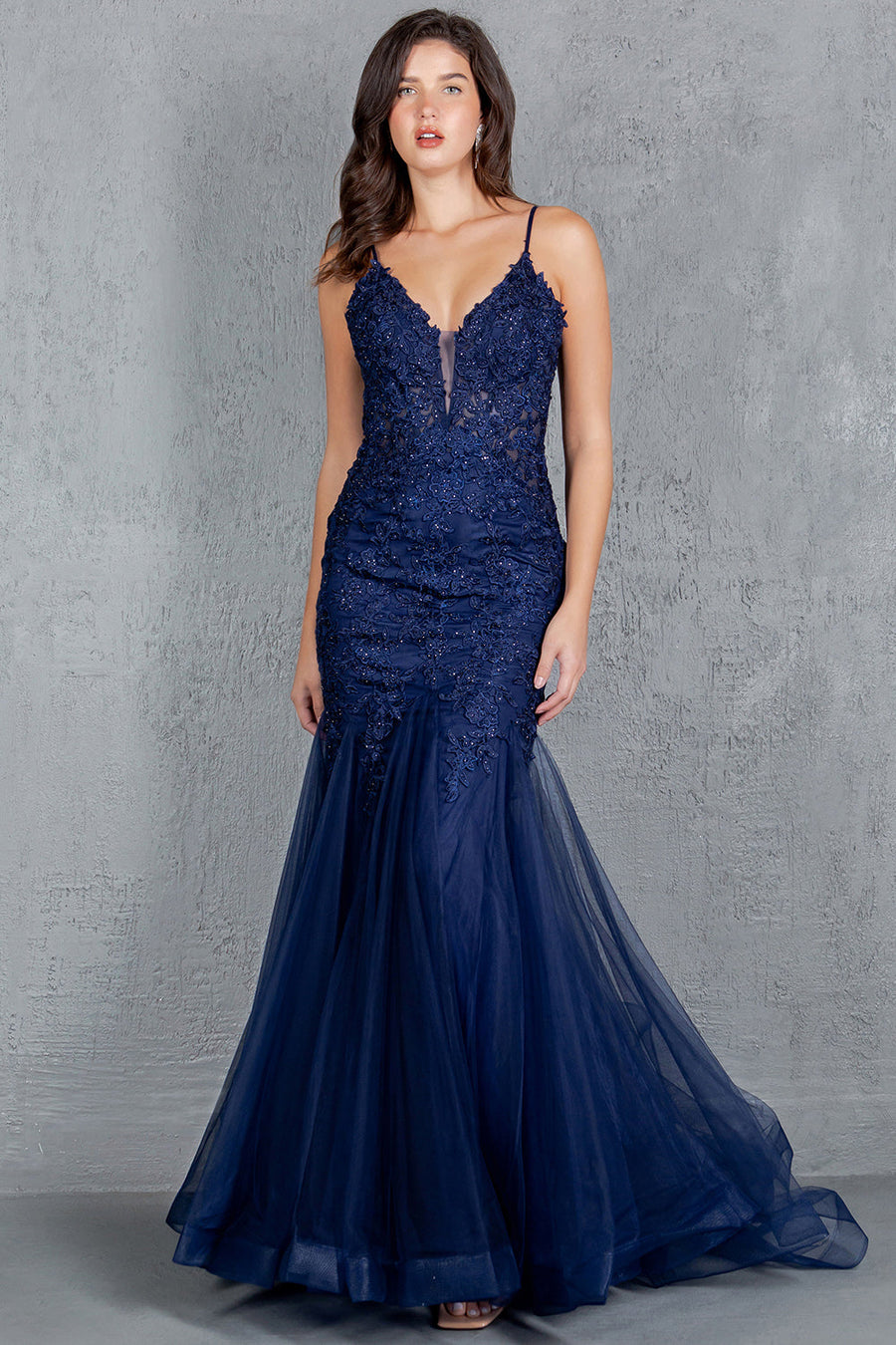 Prom Dresses Fitted Lace Long Formal Mermaid Prom Dress Navy