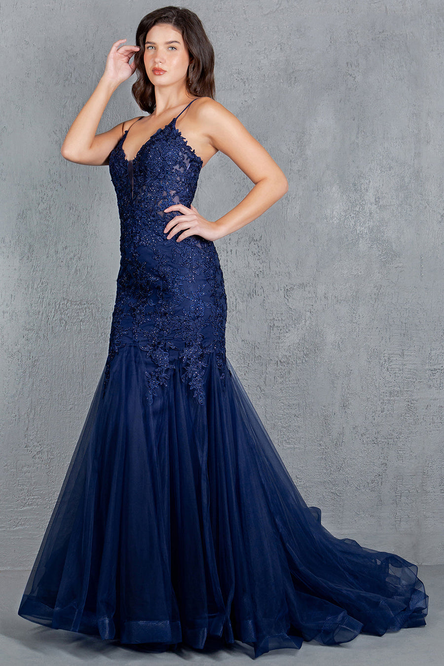Prom Dresses Fitted Lace Long Formal Mermaid Prom Dress Navy