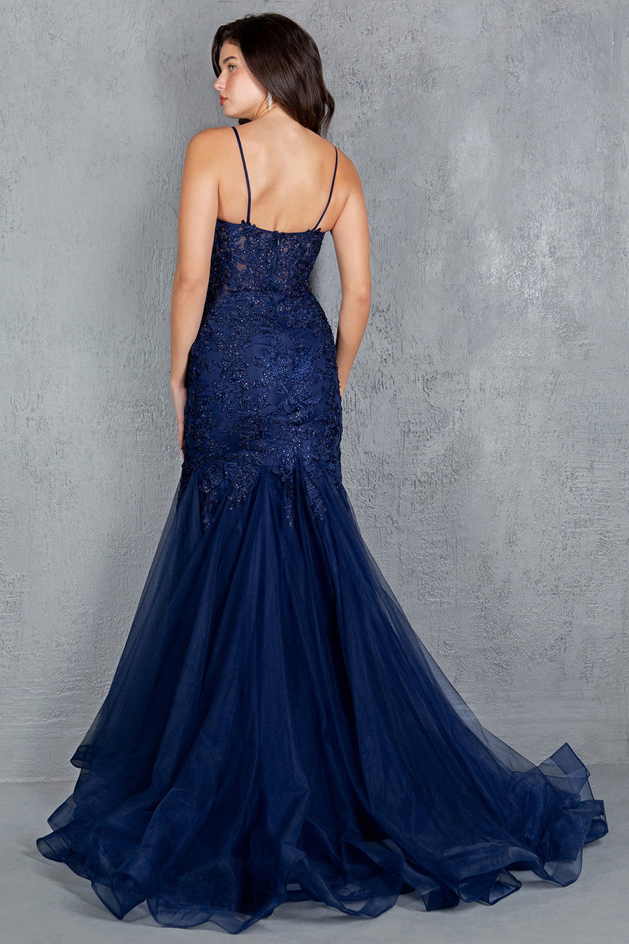 Prom Dresses Fitted Lace Long Formal Mermaid Prom Dress Navy