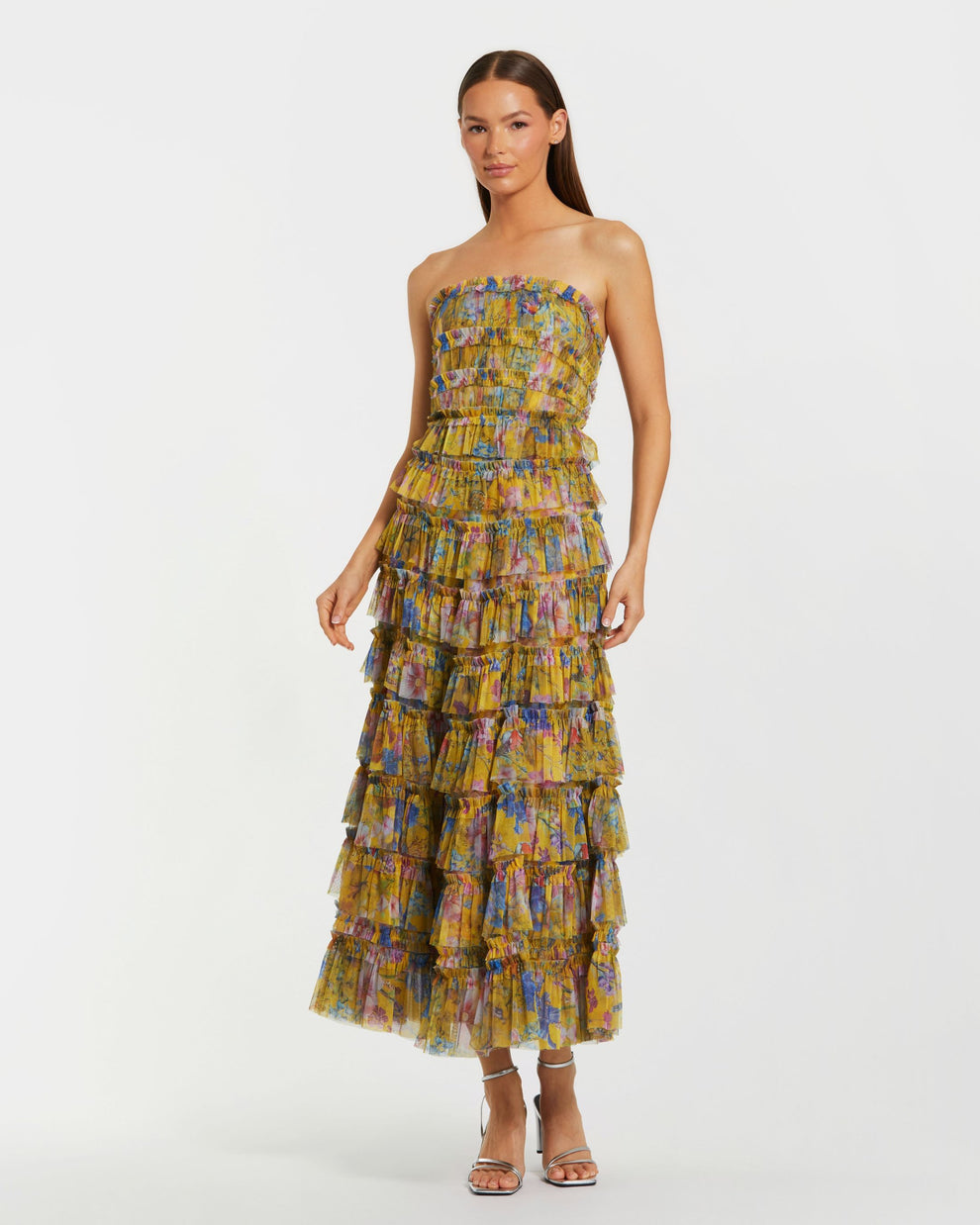 Cocktail Dresses Midi Length Short Floral Cocktail Dress Yellow Multi