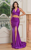 Prom Dresses Two Piece Long Fitted Slit Formal Prom Dress Purple