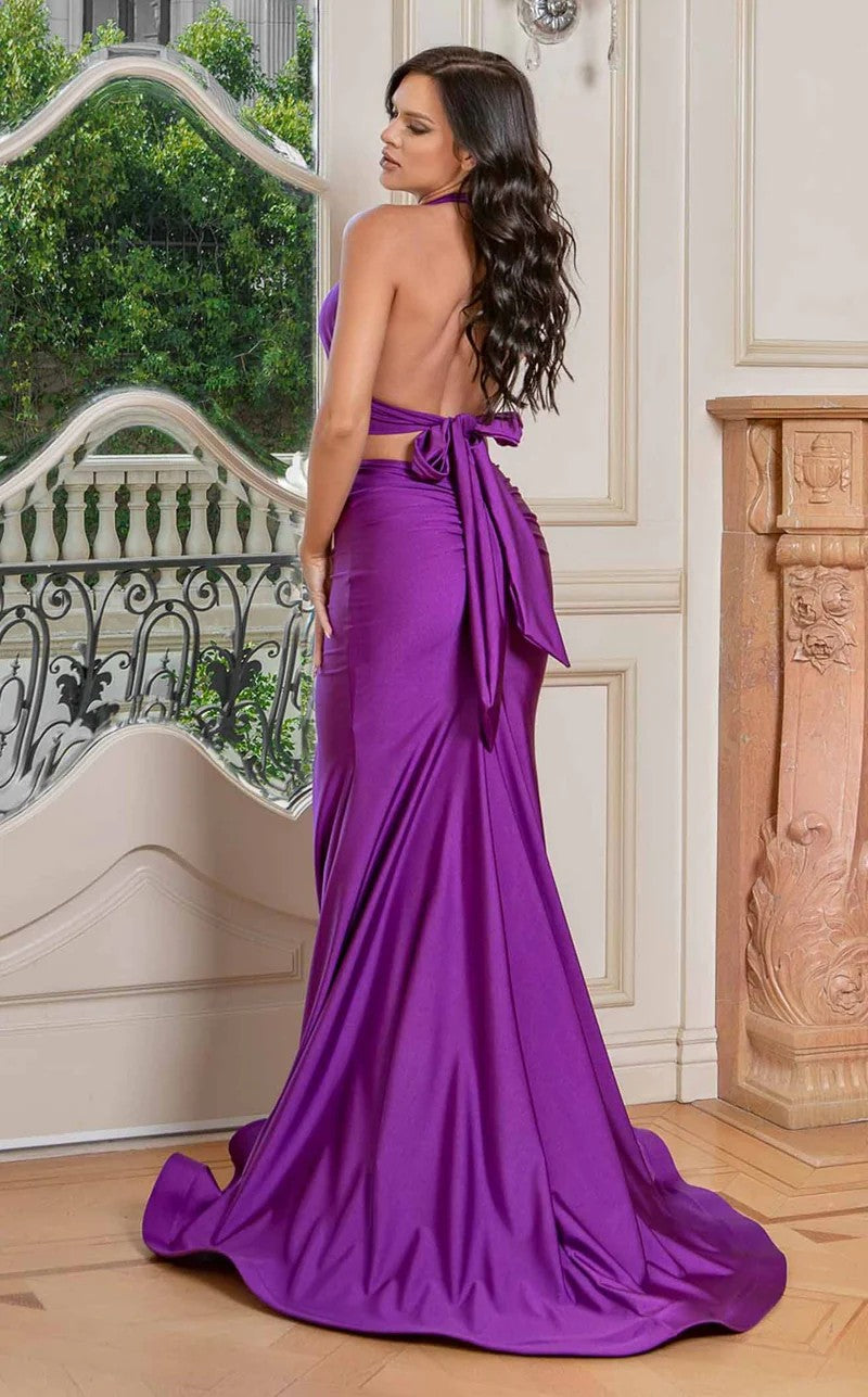 Prom Dresses Two Piece Long Fitted Slit Formal Prom Dress Purple