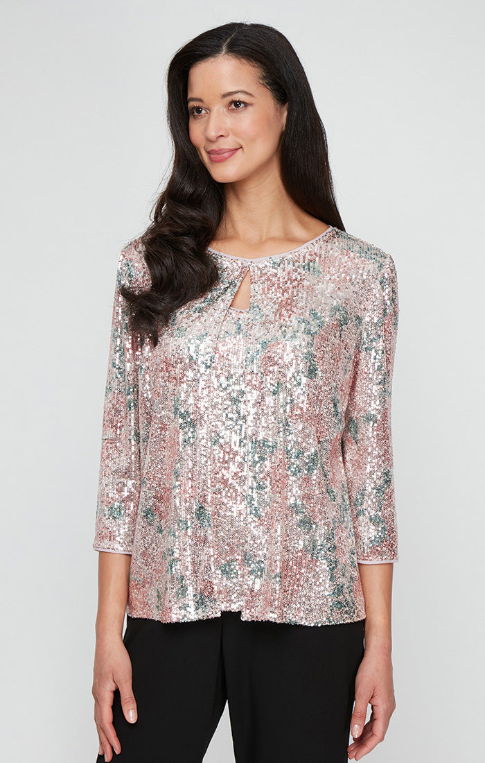 Top Printed Formal Sequin 3/4 Sleeve Top Blush Multi